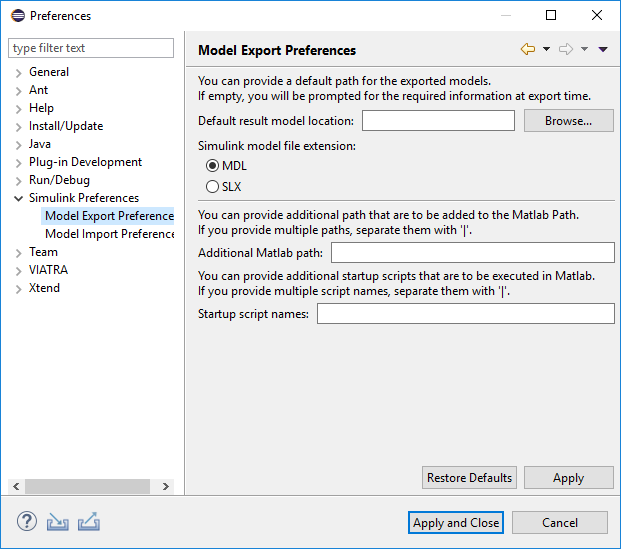 Model Export Preferences